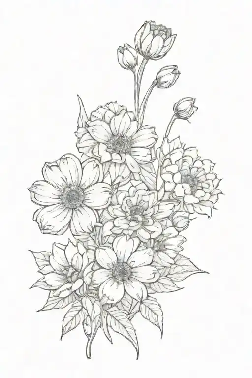 two daffodils, two shamrocks, sunflowers, peonies and daisies tattoo design idea