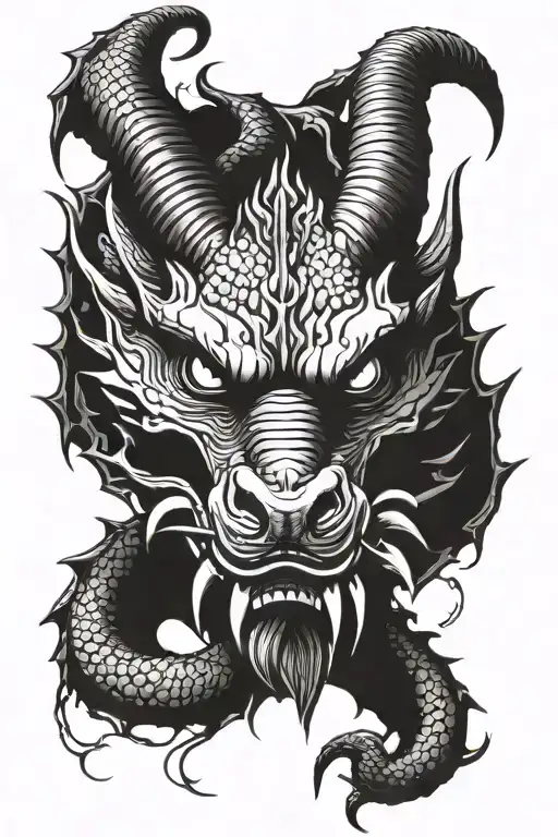 dragon face with horns in japanese style tattoo design idea