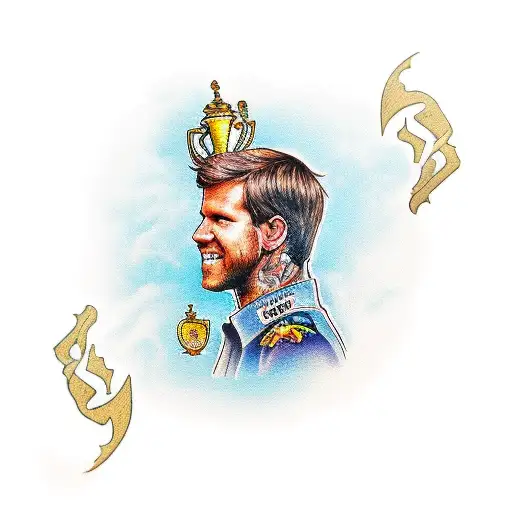 A traditional style tattoo featuring Sebastian Vettel holding the championship trophy surrounded by symbols of his victories tattoo design idea