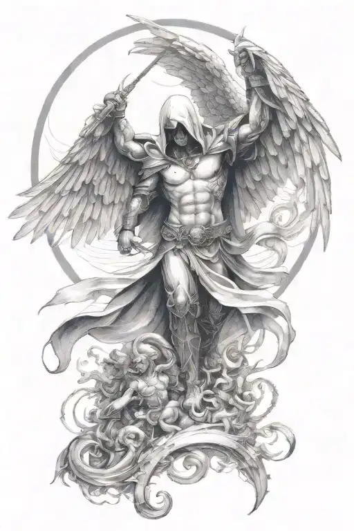 Hooded arc angel with armor  flying down to defeat a demon with angels in the background tattoo design idea