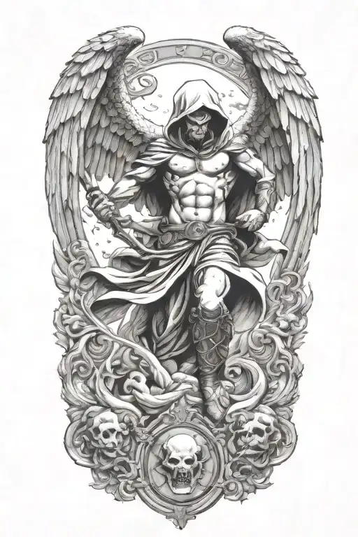 hooded arch angel defeating a demon tattoo design idea