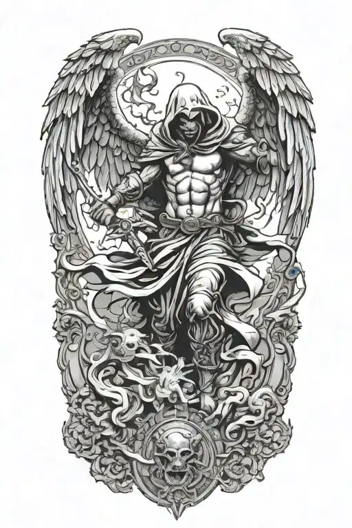 hooded arch angel defeating a demon tattoo design idea