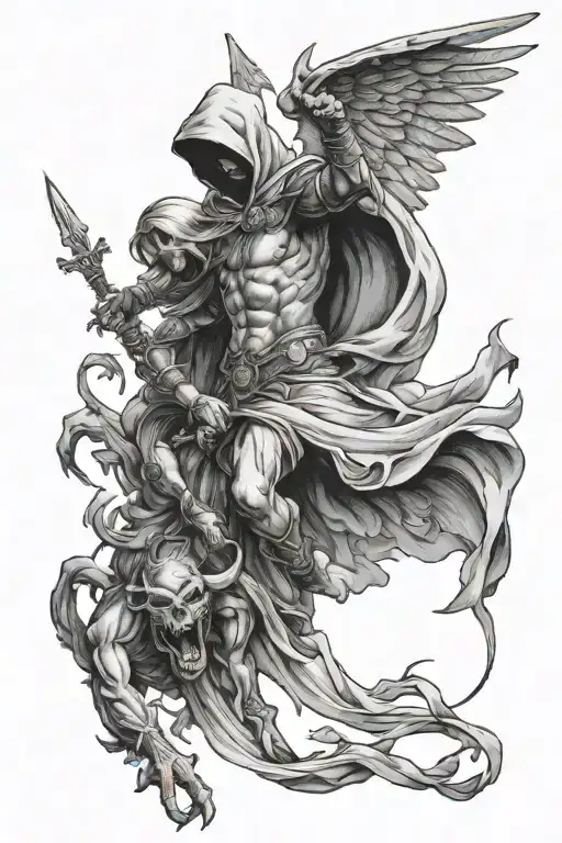 hooded arch angel defeating a demon tattoo design idea