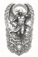 hooded arch angel defeating a demon tattoo design idea