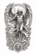 hooded arch angel defeating a demon tattoo design idea