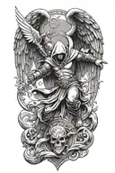 hooded arch angel defeating a demon tattoo design idea