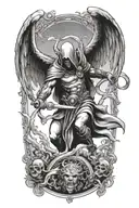 hooded arch angel defeating a demon tattoo design idea