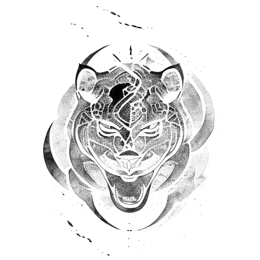 A blackwork tattoo of a panther in a watercolor-style Japanese garden tattoo design idea