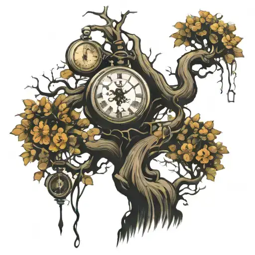 scary tree with 3 pocket watches intertwined tattoo design idea