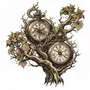 scary tree with 3 pocket watches intertwined tattoo design idea