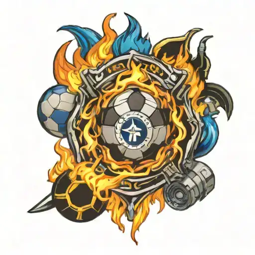 A neotraditional tattoo of a flaming soccer ball with the Everton football club logo, surrounded by firefighter equipment tattoo design idea