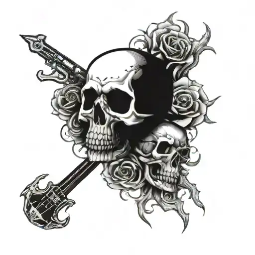 An emo-inspired design with skulls and dark imagery intertwined with rock and roll symbols tattoo design idea