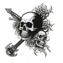 An emo-inspired design with skulls and dark imagery intertwined with rock and roll symbols tattoo design idea