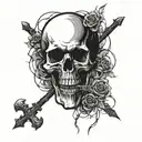 An emo-inspired design with skulls and dark imagery intertwined with rock and roll symbols tattoo design idea