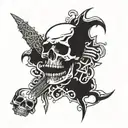An emo-inspired design with skulls and dark imagery intertwined with rock and roll symbols tattoo design idea