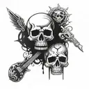 An emo-inspired design with skulls and dark imagery intertwined with rock and roll symbols tattoo design idea