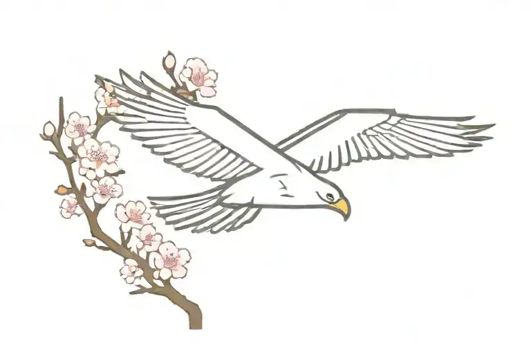 A minimalist design of a pixelated eagle soaring over a Japanese cherry blossom tree, incorporating elements of gaming consoles in the background tattoo design idea