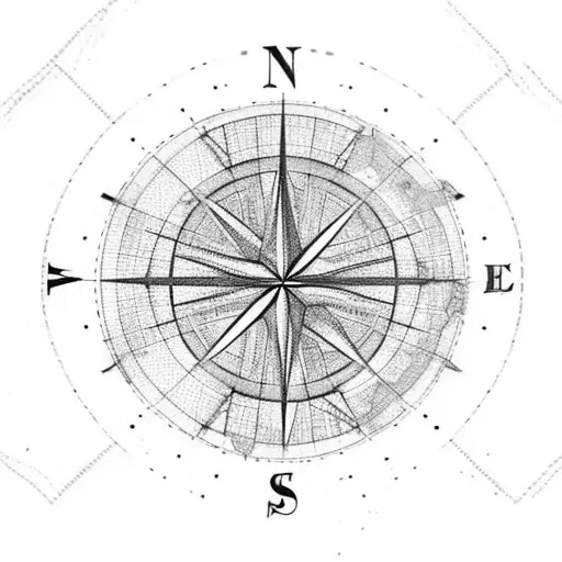 map of Eastern Europe with grid lines a old school compass and a feather tattoo design idea