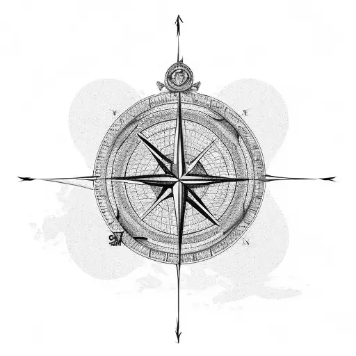a map of western Europe with grid lines a compass and a feather tattoo design idea