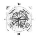 map of Eastern Europe with grid lines a old school compass and a feather tattoo design idea