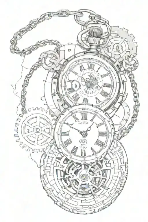 steins gate cracked pocket watch with gears and world lines, with a chain tattoo design idea
