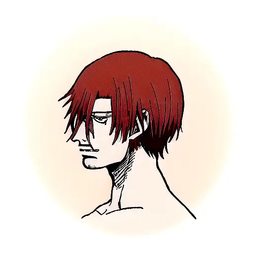 A tattoo of shanks, a red-haired character from the Anime One Piece, where only his face and part of his neck can be see tattoo design idea