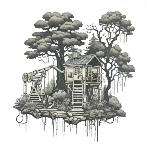 Enigmatic forest scene with hidden gym equipment throughout tattoo design idea