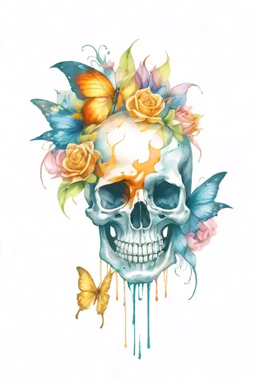 skull and stargazer lilys with roses and butterflies tattoo design idea