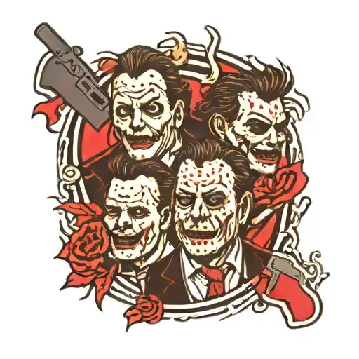 freddy, jason, michael myers, ghostface and leatherface combined tattoo design idea