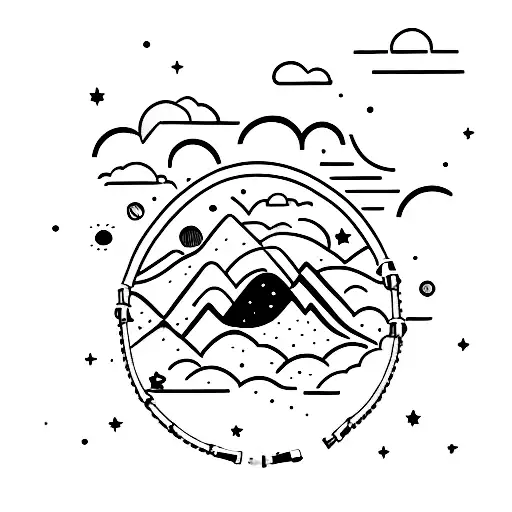 mountains with space constellation theme above, climbing carabiner on the outside as a border tattoo design idea