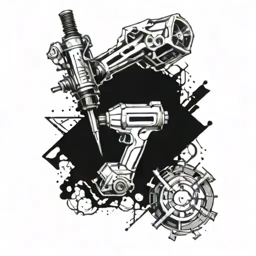 Incorporate a detailed mining drill into a futuristic mechanical arm design tattoo design idea