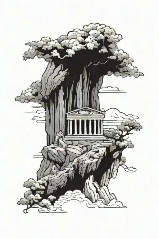PARTHENON ON TOP OF A MOUNTAIN WITH ANGELS EITHER SIDE tattoo design idea