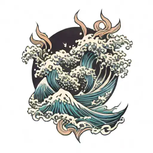 something with violent waves, skill and a straight line  tattoo design idea