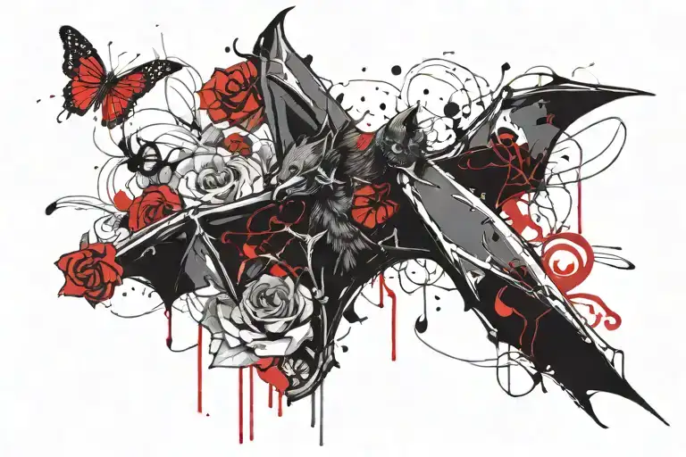 bat with flower with thorns and butterfly. color black and red tattoo design idea