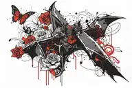 bat with flower with thorns and butterfly. color black and red tattoo design idea