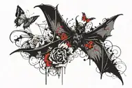 bat with flower with thorns and butterfly. color black and red tattoo design idea