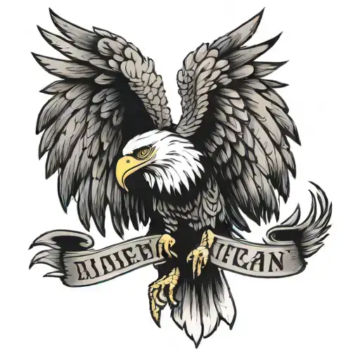 A bald eagle clutching an American flag in its talons, with 'Veteran' written underneath tattoo design idea