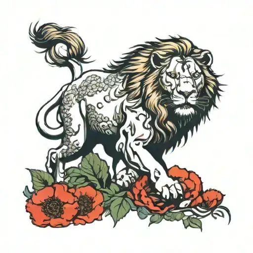 A majestic female lion from wizard of oz with red poppies tattoo design idea