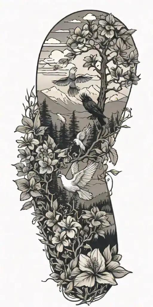 pine trees, hibiscus flowers,central  oregon wildflowers, clouds, doves, crows, mountains tattoo design idea