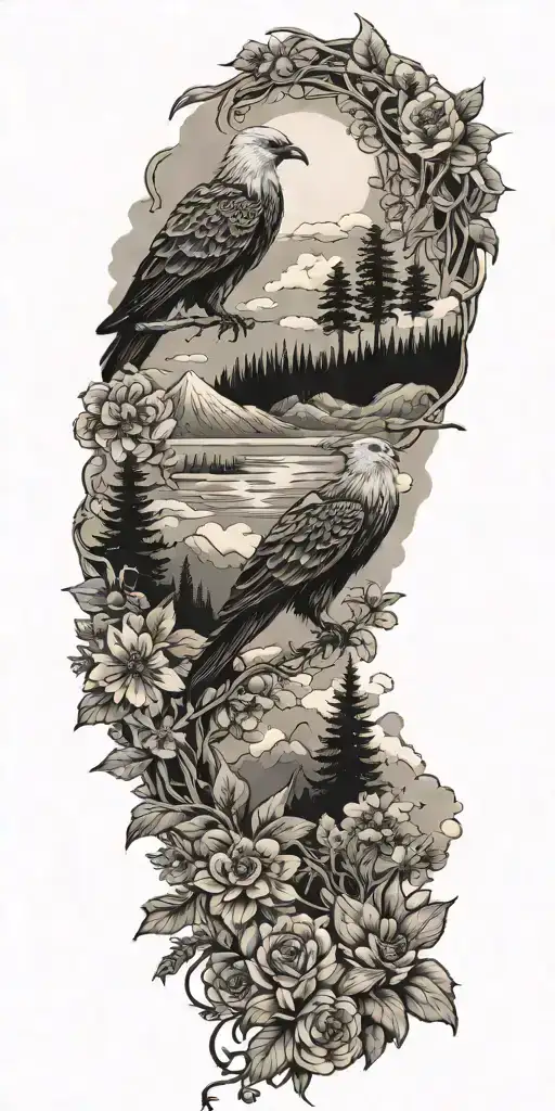  Wildflowers  ,Clouds ,Pine trees ,Doves ,Crows , Aztec snake , eagle, mountains tattoo design idea
