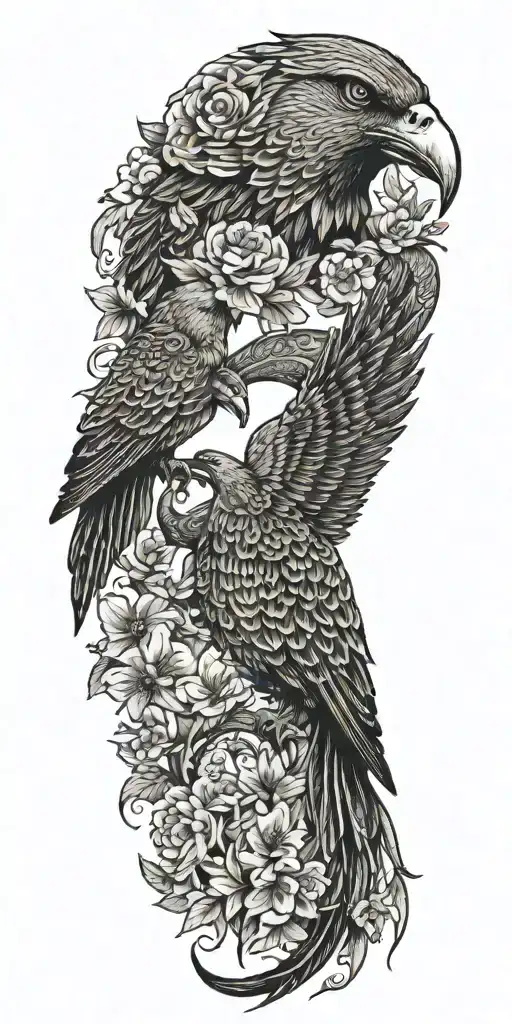 Aztec snake wrapped, doves flying, crows flying, wildflowers , pine trees tattoo design idea