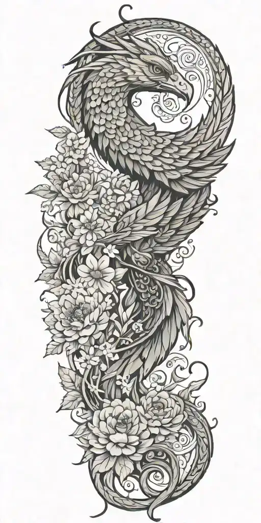 Quetzalcoatl serpent wrapped, doves flying, crows flying, wildflowers , pine trees tattoo design idea