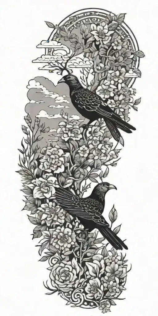  Wildflowers  ,Clouds ,Pine trees ,Doves ,Crows , Aztec snake tattoo design idea