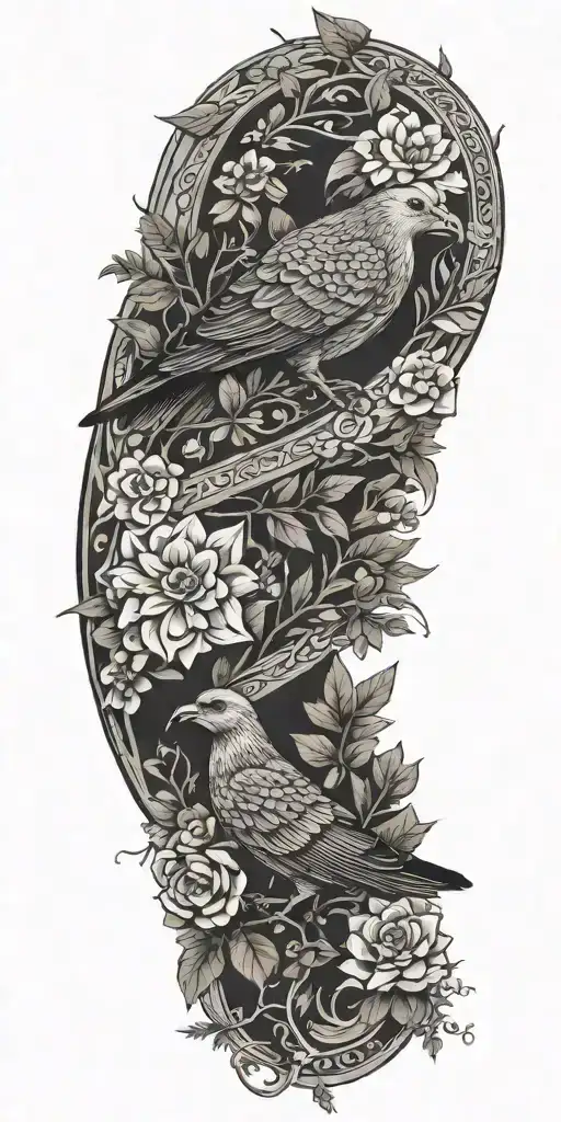 Aztec snake wrapped, doves flying, crows flying, wildflowers , pine trees tattoo design idea