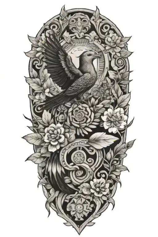 Aztec snake wrapped, doves flying, crows flying, wildflowers , pine trees tattoo design idea
