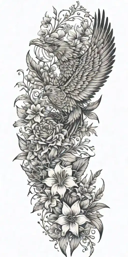 Rampion bellflower ,Tiger lily ,Wildflowers  ,Clouds ,Pine trees ,Doves ,Crows , Quetzalcoatl, eagle tattoo design idea