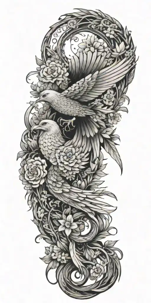 Quetzalcoatl serpent wrapped, doves flying, crows flying, wildflowers , pine trees tattoo design idea