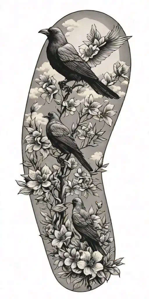 pine trees, hibiscus flowers,clouds, doves, crows, mountains,native lupine flowers tattoo design idea