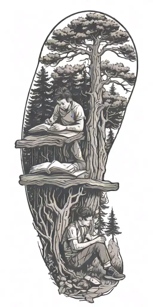 A student studying under a tree with a book surrounded by pine trees tattoo design idea