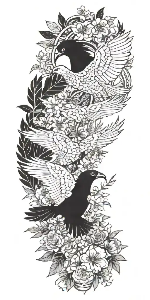 Aztec snake wrapped, doves flying, crows flying, wildflowers , pine trees tattoo design idea